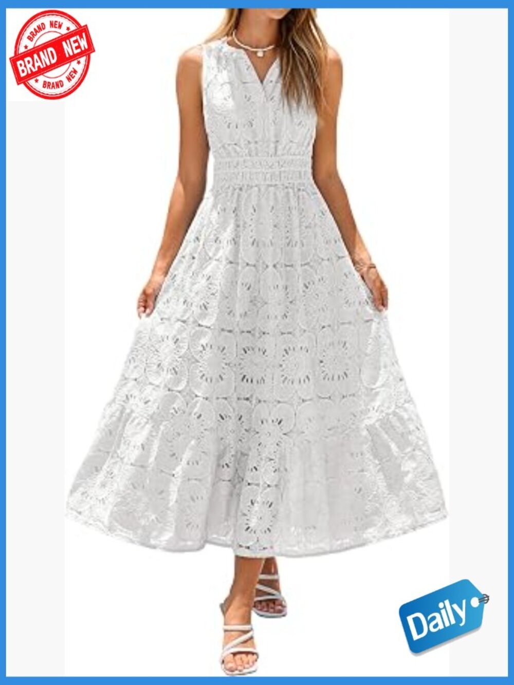 Sleeveless Eyelet Maxi Dress V Neck A Line Boho Flowy Beach Wedding Guest Long